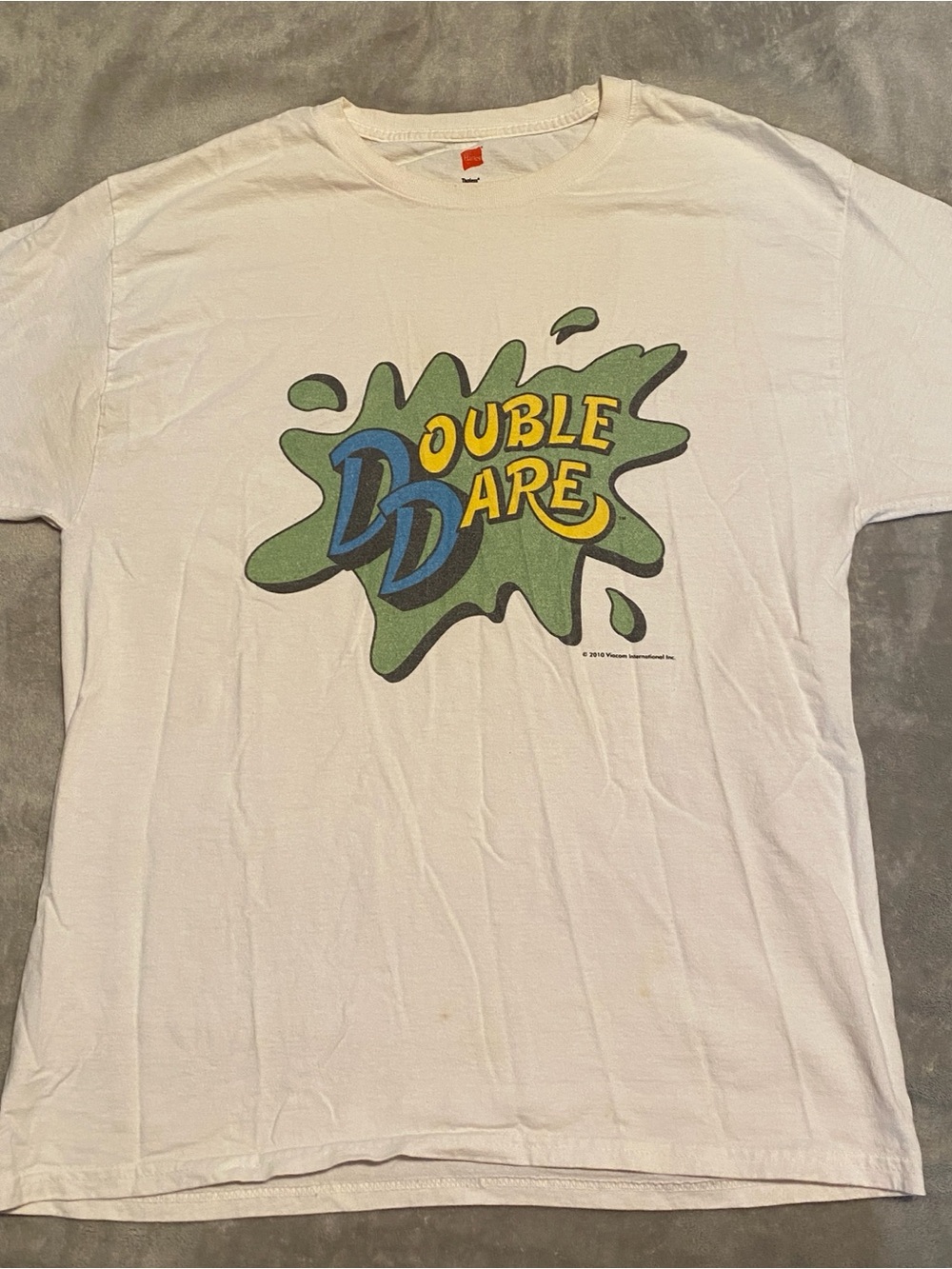 Double Dare Logo Vintage Graphic Tee - White with Green & Yellow Print